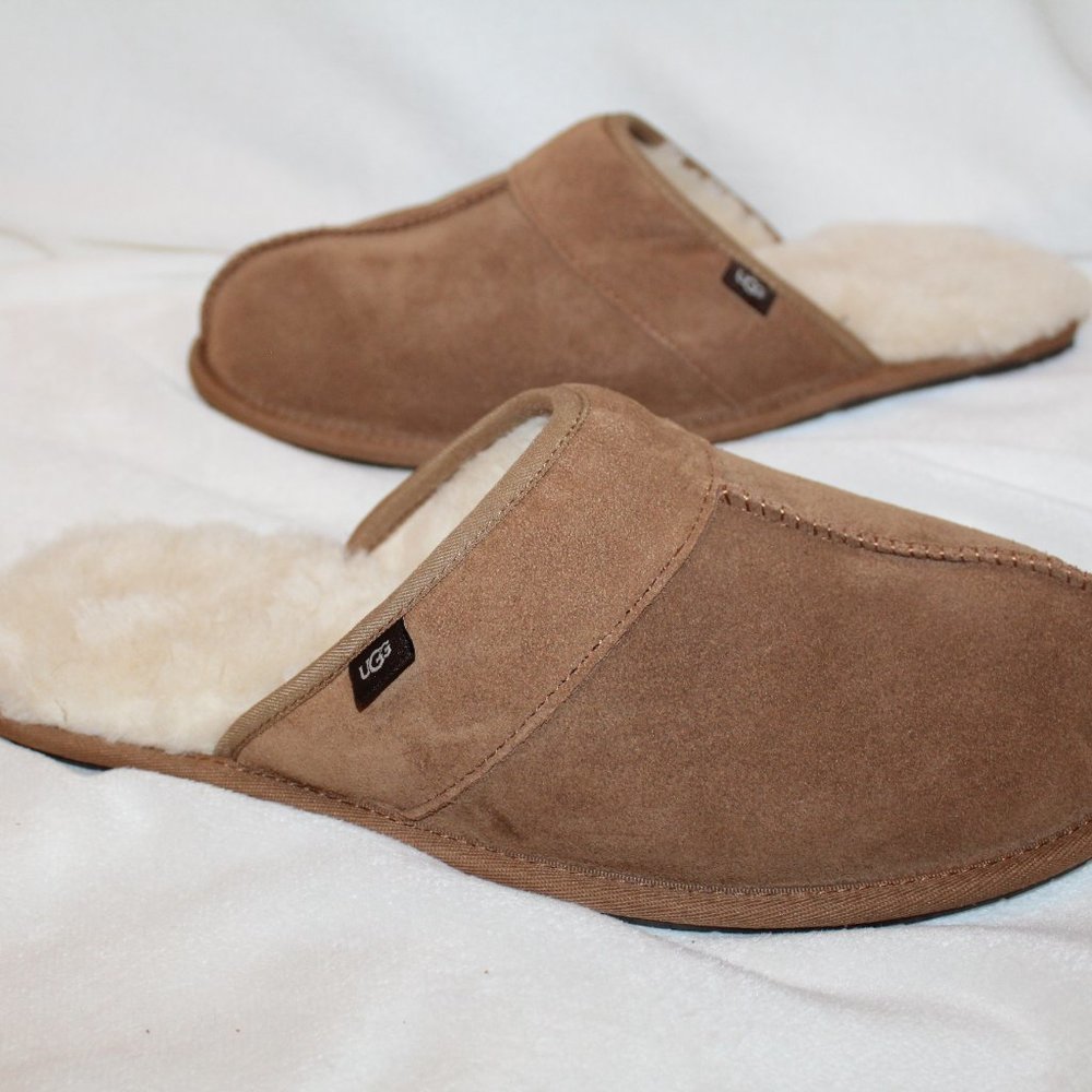 NIB UGG MEN'S SUEDE SHEARLING SCUFF SLIP ON SLIPPERS CHESTNUT - Picture 3 of 9